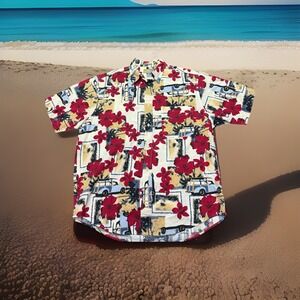 Natural Issue‎ Shirt M Cotton Button Up Aloha Hibiscus Short Sleeve Classic Cars